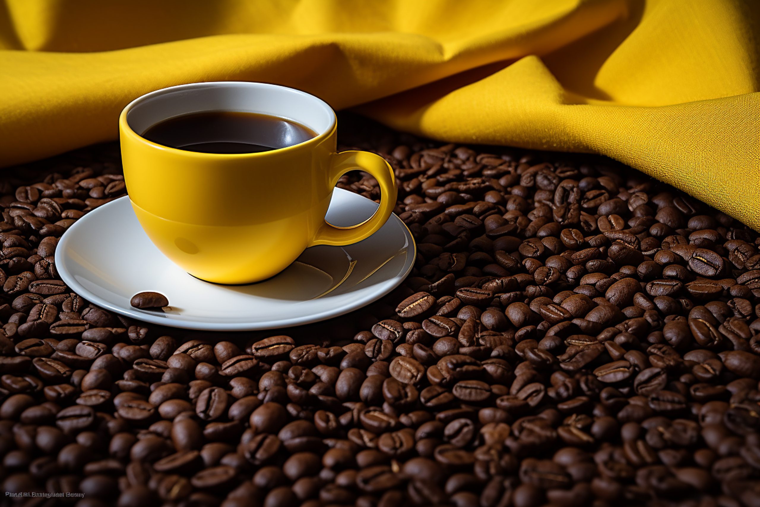 xicara de cafe com graos de cafe torrados